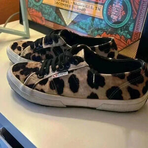 Superga Leopard Print Velvet Tennis Shoes-Sz 39